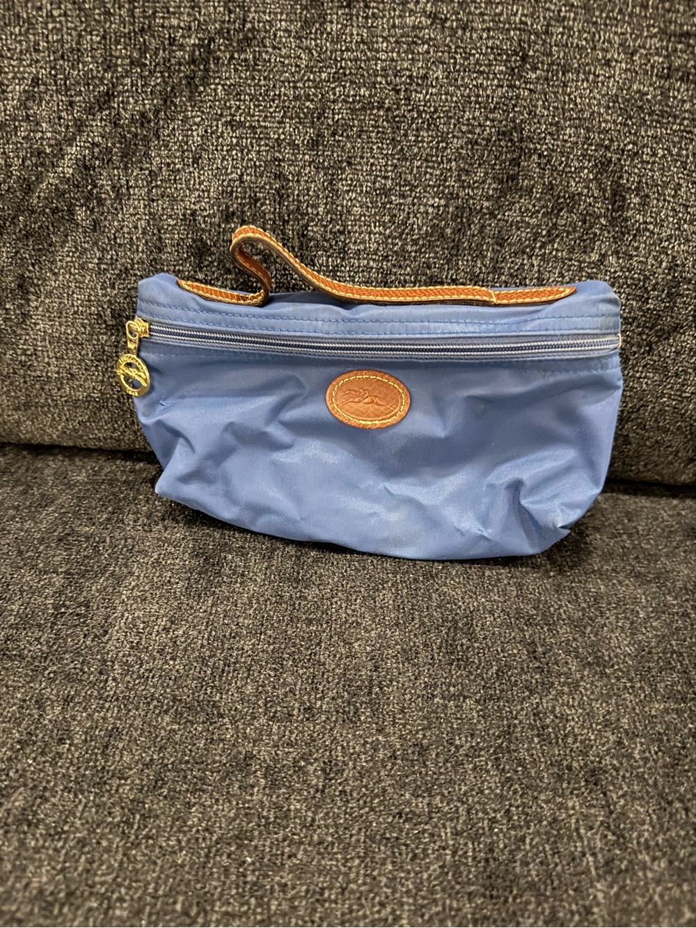 Longchamp Blue Cosmetic Pouch with Tan Leather Trim